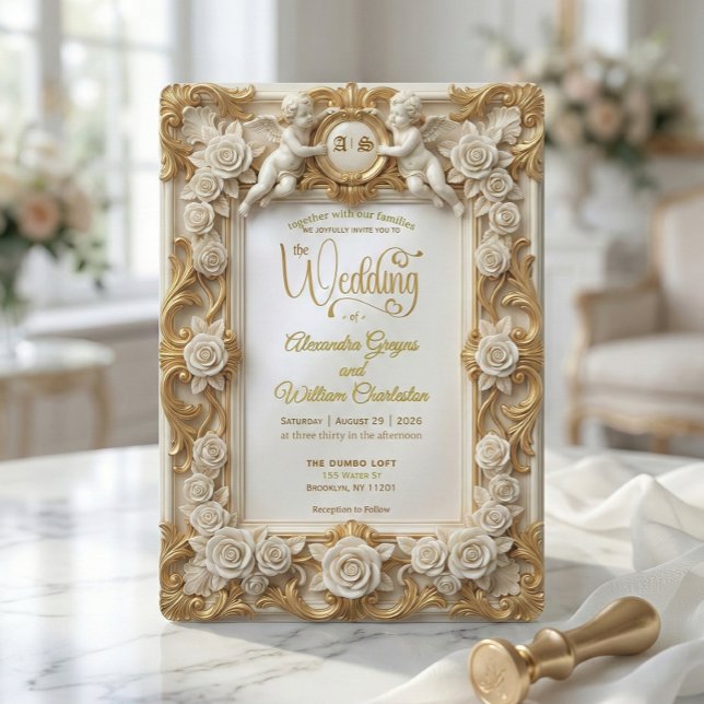 Faux Gold Foil Embossed Style Baroque Monogram Inbjudningar (Skapare uppladdad)