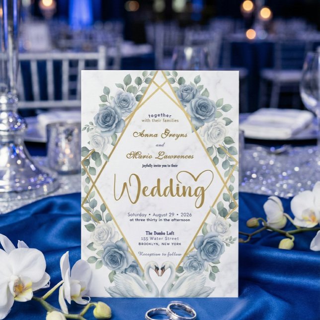 Faux Gold Foil Geometric Marble Blue Floral Inbjudningar (Skapare uppladdad)