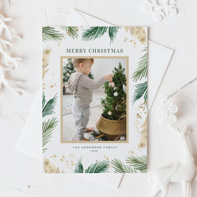 Faux Gold Foil Gräs Nål Fotojul Helg Vykort (Green Watercolor and Faux Gold Foil Pine Needles Photo Merry Christmas Postcard)