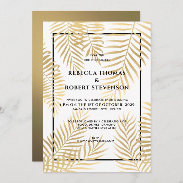 Faux Gold Foil Handflatan Lövs Tropical Beach Wedd Inbjudningar (Fram/baksida)
