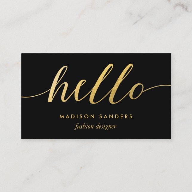 Faux Gold Foil Hej Typography Classic Black Visitkort (Framsida)