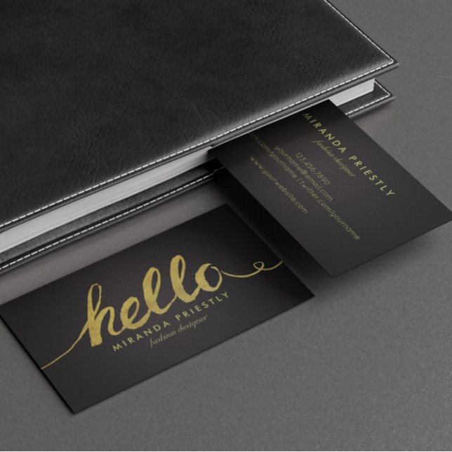 Faux Gold Foil Hej Typography Classic Black Visitkort (Skapare uppladdad)