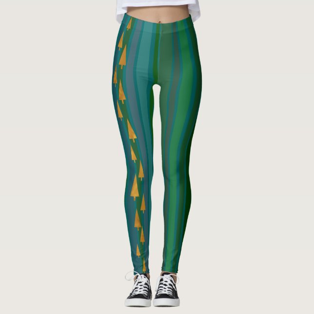 Faux Gold Foil Julgranar w/Grönt Rand Leggings (Framsida)