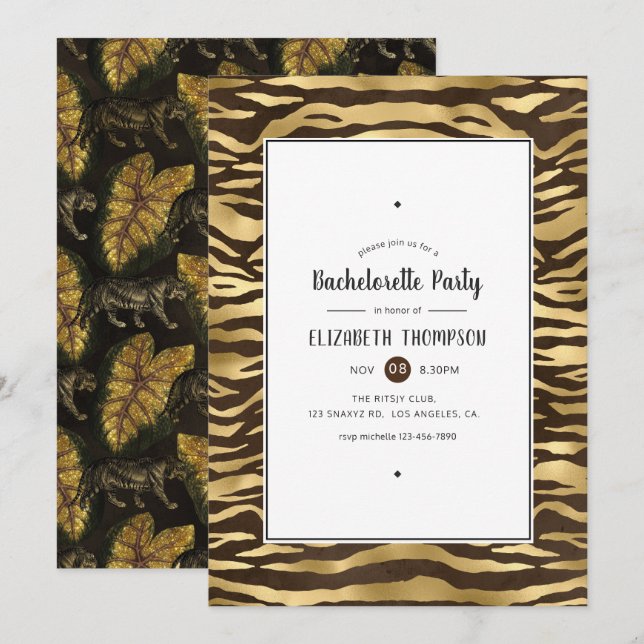 Faux Gold Foil Jungle Tiger Bachelorette Party Inbjudningar (Fram/baksida)