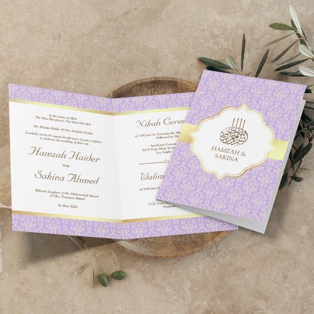Faux Gold Foil Lavender Damask Muslim Bröllop Inbjudan (Skapare uppladdad)