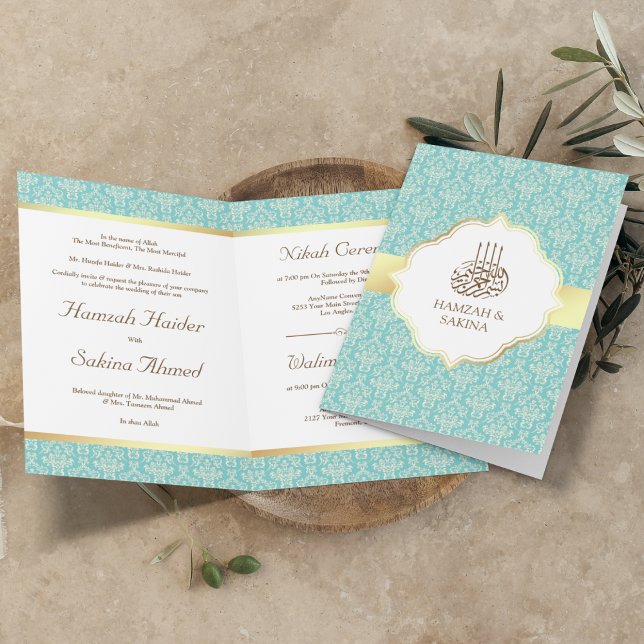 Faux Gold Foil Light Teal Damask Muslim Bröllop Inbjudan (Skapare uppladdad)