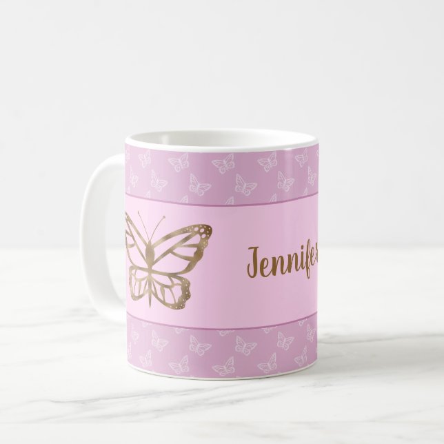 Faux Gold Foil look Butterfly on Lavender Lila Kaffemugg (Framsida vänster)