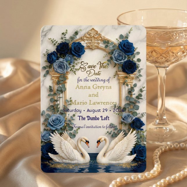 Faux Gold Foil & Marble Swans Royal Blue Floral Spara Datumet (Skapare uppladdad)