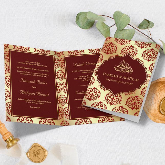 Faux Gold Foil Maroon Red Damask Muslim Bröllop Inbjudan (Skapare uppladdad)