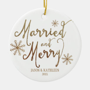 Faux Gold Foil MARRIED AND MERRY 2015 Helgdag Julgransprydnad Keramik