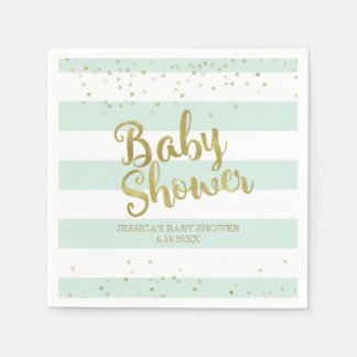 Faux Gold Foil Mint Grönt Rand Baby Shower Pappersservett