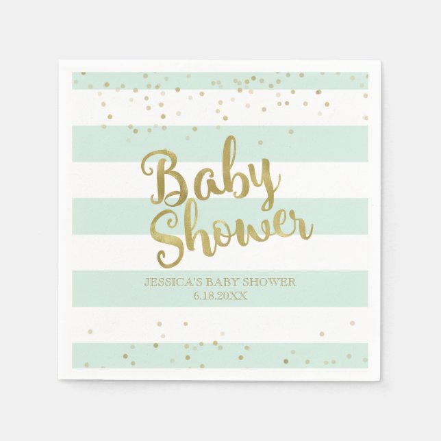 Faux Gold Foil Mint Grönt Rand Baby Shower Pappersservett (Framsidan)