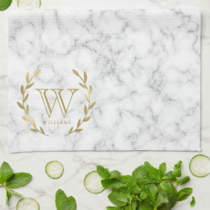 Faux Gold Foil Monogram på Marble Struktur Kökshandduk