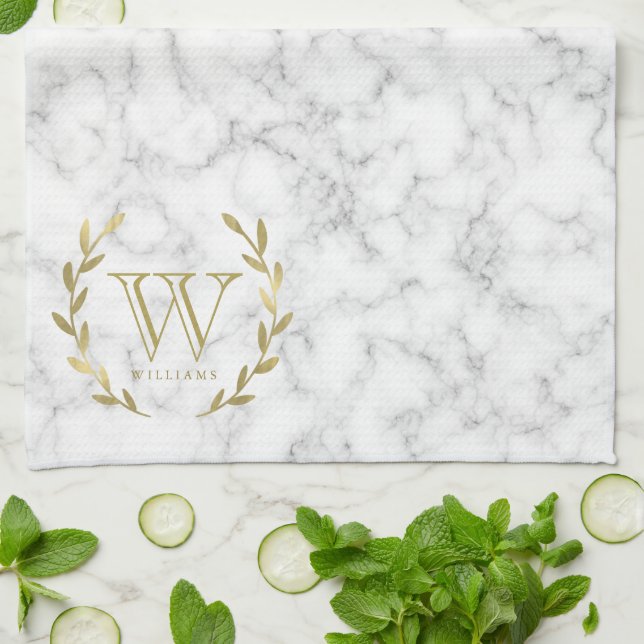 Faux Gold Foil Monogram på Marble Struktur Kökshandduk (Vikta)