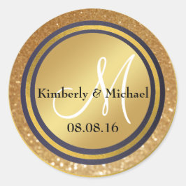 Faux Gold Foil Navy Blue Monogram Runt Klistermärke