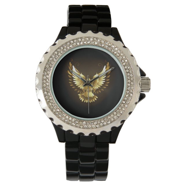 Faux Gold Foil Peace Dove on Black Armbandsur (Framsida)