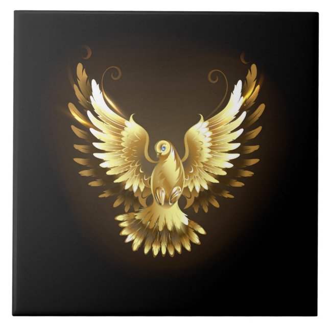 Faux Gold Foil Peace Dove on Black Kakelplatta (Framsidan)
