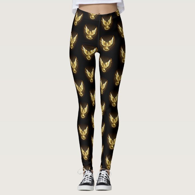 Faux Gold Foil Peace Dove on Black Leggings (Framsida)