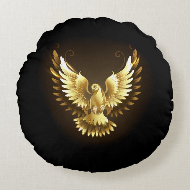 Faux Gold Foil Peace Dove on Black Rund Kudde (Framsidan)