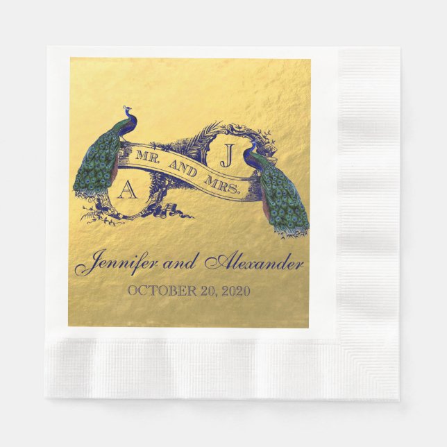 Faux Gold Foil Peacock Bröllop Papper Napkins Pappersservett (Framsidan)