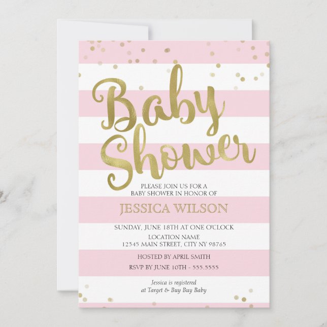 Faux Gold Foil, Rosa Rand Baby Shower Girl Inbjudningar (Framsida)