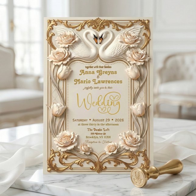 Faux Gold Foil & Satin Effect Baroque Swan Inbjudningar (Skapare uppladdad)