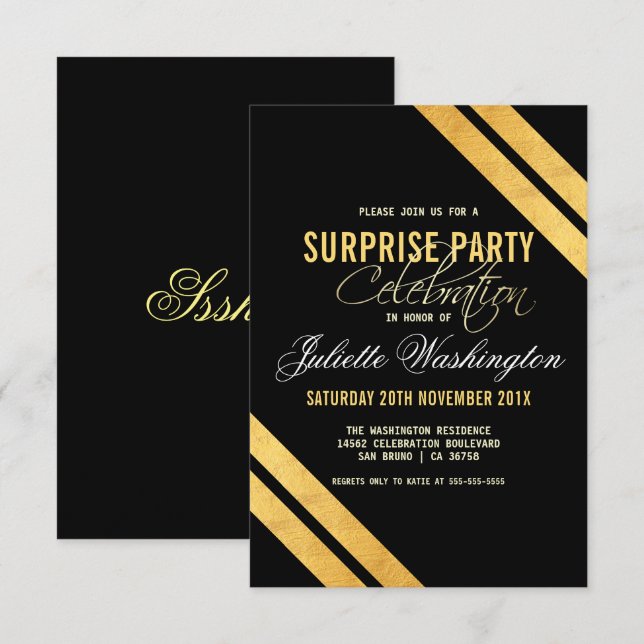 Faux Gold Foil Strip Black Surprise Födelsedagsfes Inbjudningar (Fram/baksida)