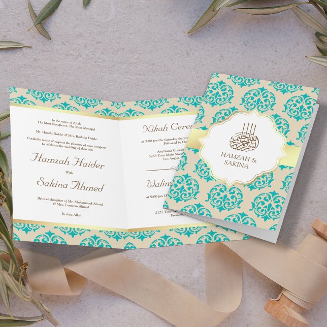 Faux Gold Foil Teal Blue Damask Muslim Bröllop Inbjudan (Skapare uppladdad)
