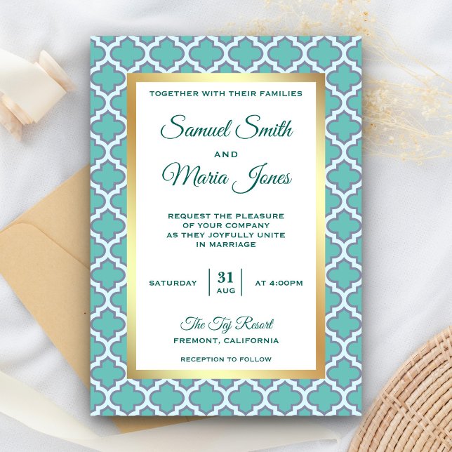 Faux Gold Foil Teal Moroccan bröllopsinbjudan Inbjudningar (Skapare uppladdad)