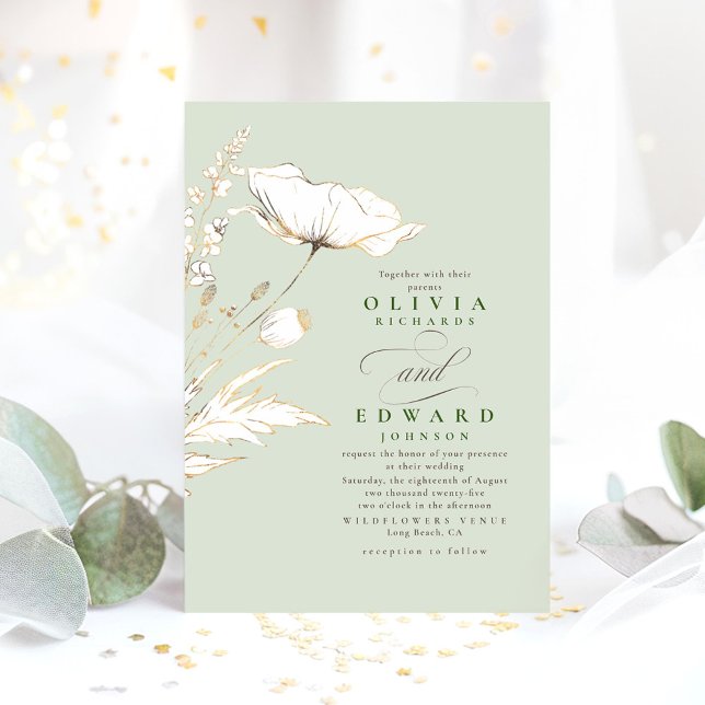 Faux Gold Foil WildblommSage Grönt Bröllop Inbjudningar (Soft Green Wildflowers Wedding Invitation )