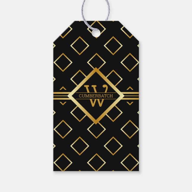 FAUX Gold Geometric Pattern with Monogram on BLACK Presentetikett (Framsidan)