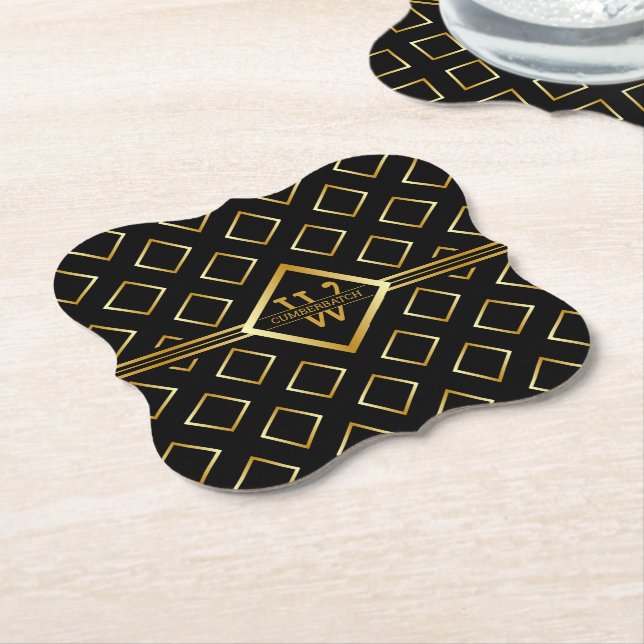 FAUX Gold Geometric Pattern with Monogram on BLACK Underlägg Papper (Vinklad)