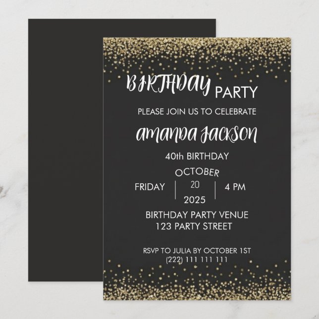 Faux Gold Glitter Black 40th Birthday Inbjudningar (Fram/baksida)