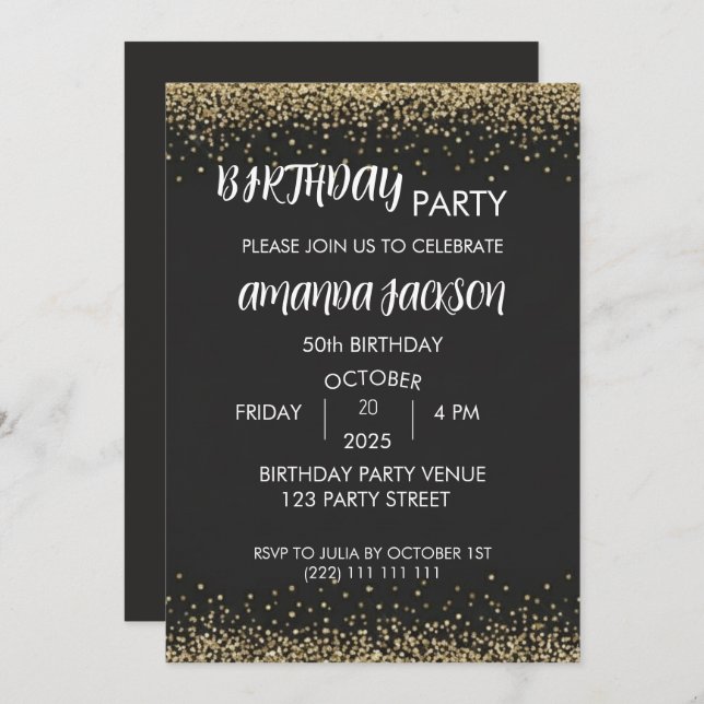 Faux Gold Glitter Black 50th Birthday Invite Inbjudningar (Fram/baksida)