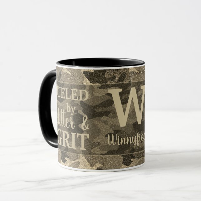 Faux Gold Metallic Camouflage Glitter Monogram Mugg (Framsida vänster)