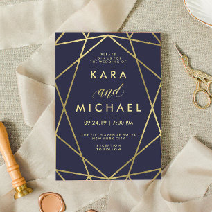 Faux Gold on Navy Modern Geometric Wedding Inbjudningar