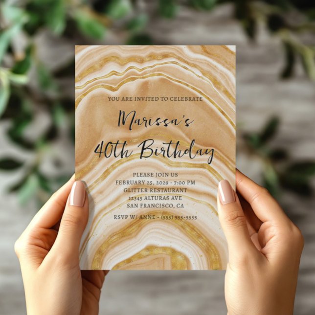 Faux Golden Agate 40:e födelsedagen Inbjudningar (Faux Golden Agate 40th Birthday Invitation)