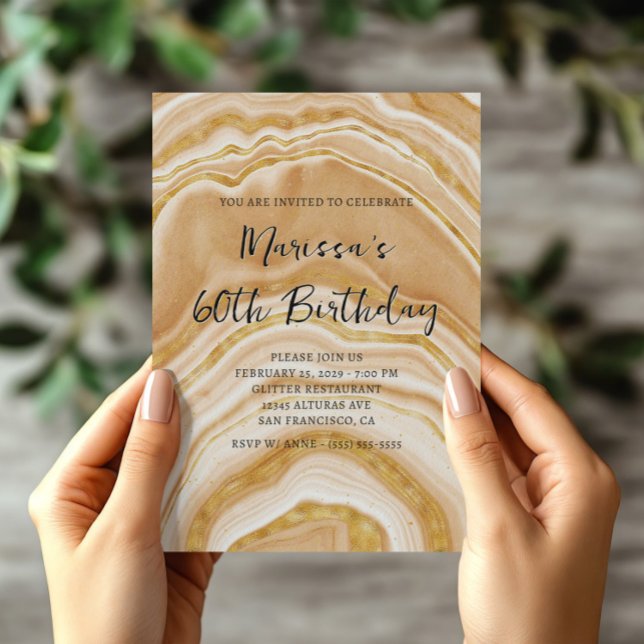 Faux Golden Agate 60:e födelsedagen Inbjudningar (Faux Golden Agate 60th Birthday Invitation)