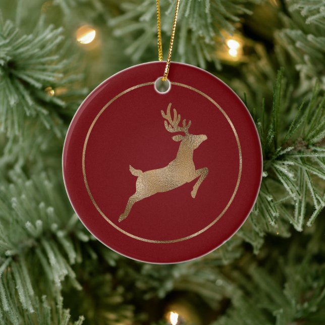 Faux Golden Foil Reindeer on Red (ej riktig olja) Julgransprydnad Keramik (Träd)