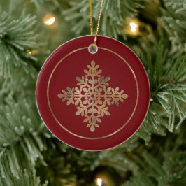 Faux Golden Foil Snowflake on Red (ej riktig olja) Julgransprydnad Keramik
