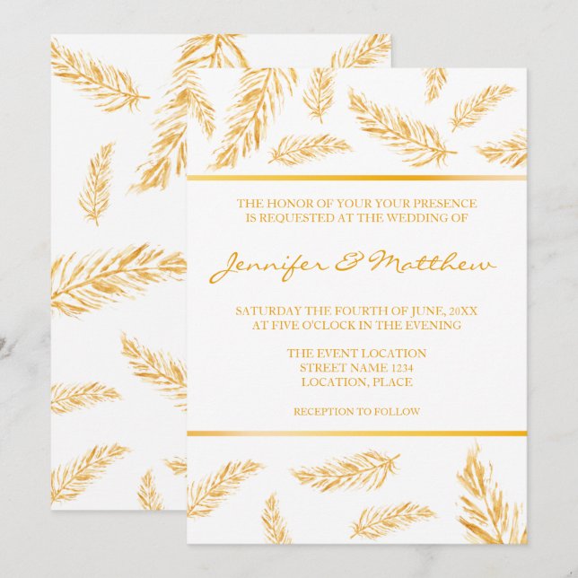 Faux Golden Gult Färg Feathers Elegant bröllop Inbjudningar (Fram/baksida)