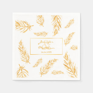 Faux Golden Gult Feathers & Bröllop Couple Namn Pappersservett