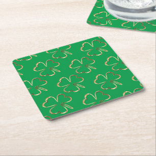 Faux Golden Klöver Lycka till Shamrock Grönt Underlägg Papper Kvadrat