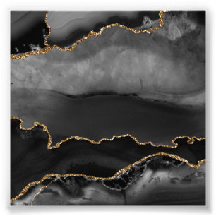 Faux Grått marmorerat agate Golden Glitter Black Fototryck