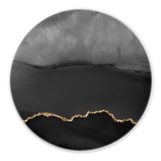 Faux Grått marmorerat agate Golden Glitter Black S Knopp (Framsidan)