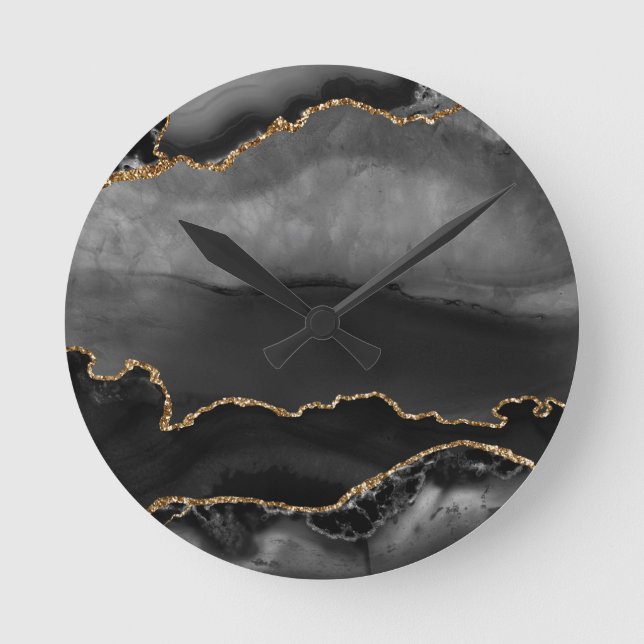 Faux Grått marmorerat agate Golden Glitter Black S Rund Klocka (Framsida)