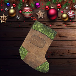 Faux Grönt Brown Monogram Leather Liten Julstrumpa