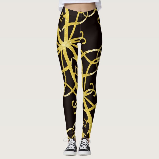 Faux guld abstrakt brev A-kärnan och svart Leggings (Framsida)