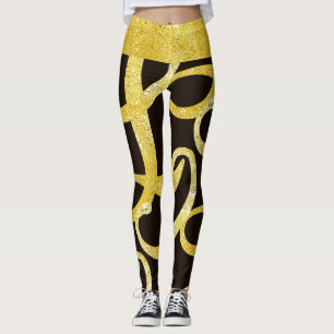 Faux guld abstrakt brev L glam shinny mönster Leggings