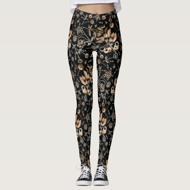 Faux Guld Beetles Flowers Löv Cherry Fruits Leggings (Framsida)